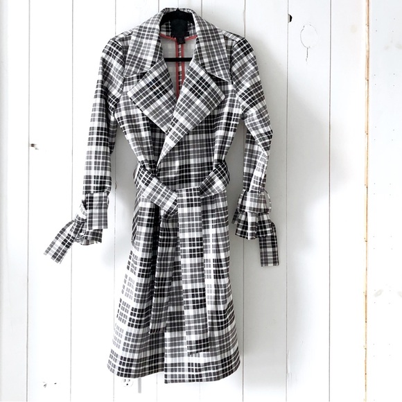 MAISON CINQCENT 500 Checks Plaid Black White Tie Trench Coat at Revolve … - Picture 10 of 13